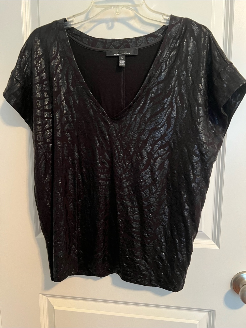 White House Black Market Black Metallic-Textured V-Neck Short Sleeve Top